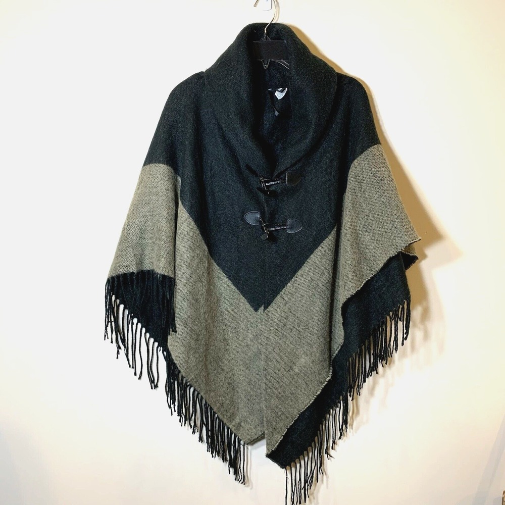 Apt. 9 Poncho Cape One Size Black Tan Toggle Fringe Shawl Collar Acrylic Wrap